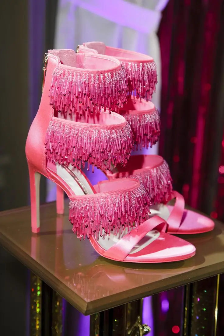 Rhinestone Tassel Open Toe Thin Heel Sandals for Women
