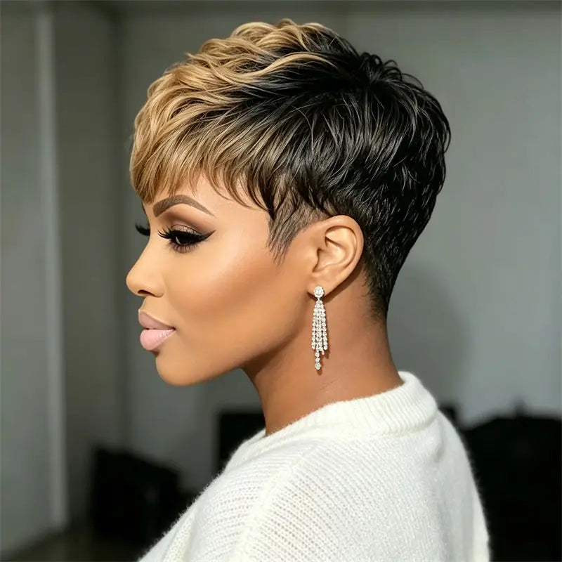 Curly Layered Ombre Short Pixie Cut Human Hair Wig for Women