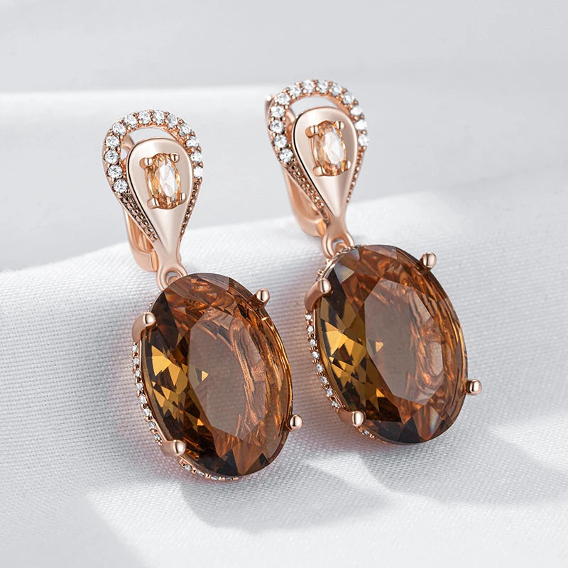 Oval Brown Zircon Drop Earrings