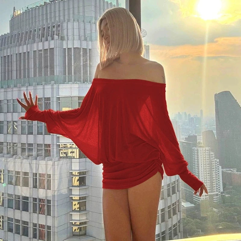 Elegant Ruched Off Shoulder Knit Mini Dress For Women