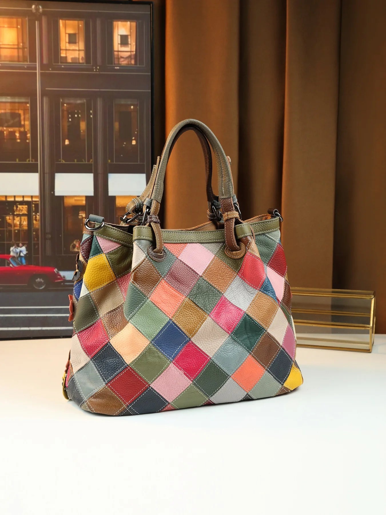 ABQP New Women's Handbag Made of Genuine Leather Hand Woven Women's Single Shoulder Crossbody Bag Color Spliced Women's Bag