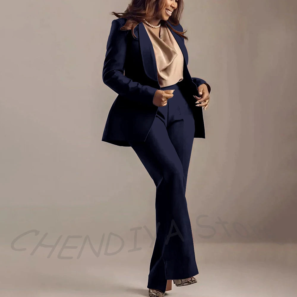Classic Brown Women Suits Shawl Lapel Slim Fit Solid Color Formal Sets 2 Piece High Quality Office Lady Outfits Jacket Pants