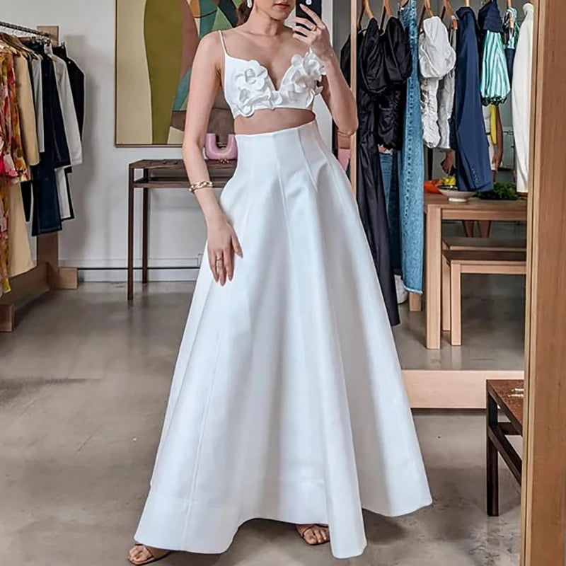 Pleated Hollow Out Crop Top And Long Skirt Set for Women