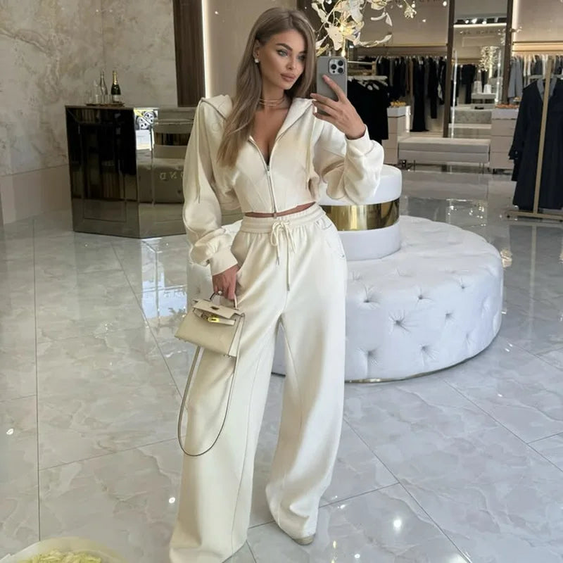 Zip Up Corset Hoodie And Wide Leg Sweatpants Two Piece Set For Women