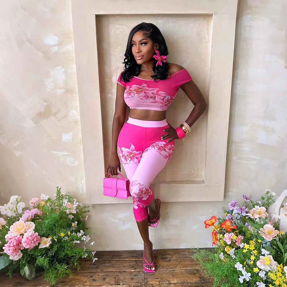 Casual Floral Print Off Shoulder Two Piece Set for Women