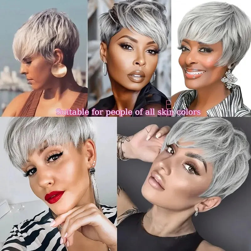 Gray Straight Layered Pixie Cut Human Hair Wig for Women
