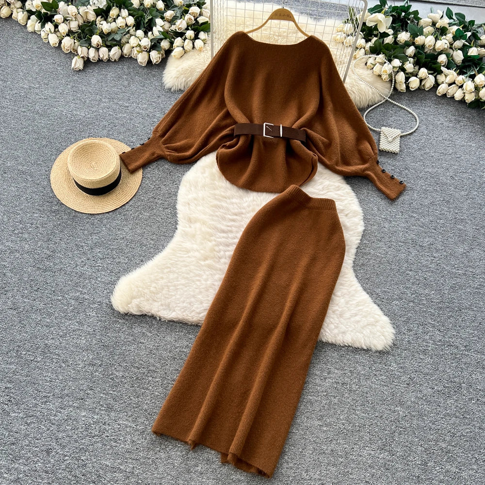 Batwing Sleeve Knit Top and High Waist Skirt Set for Women