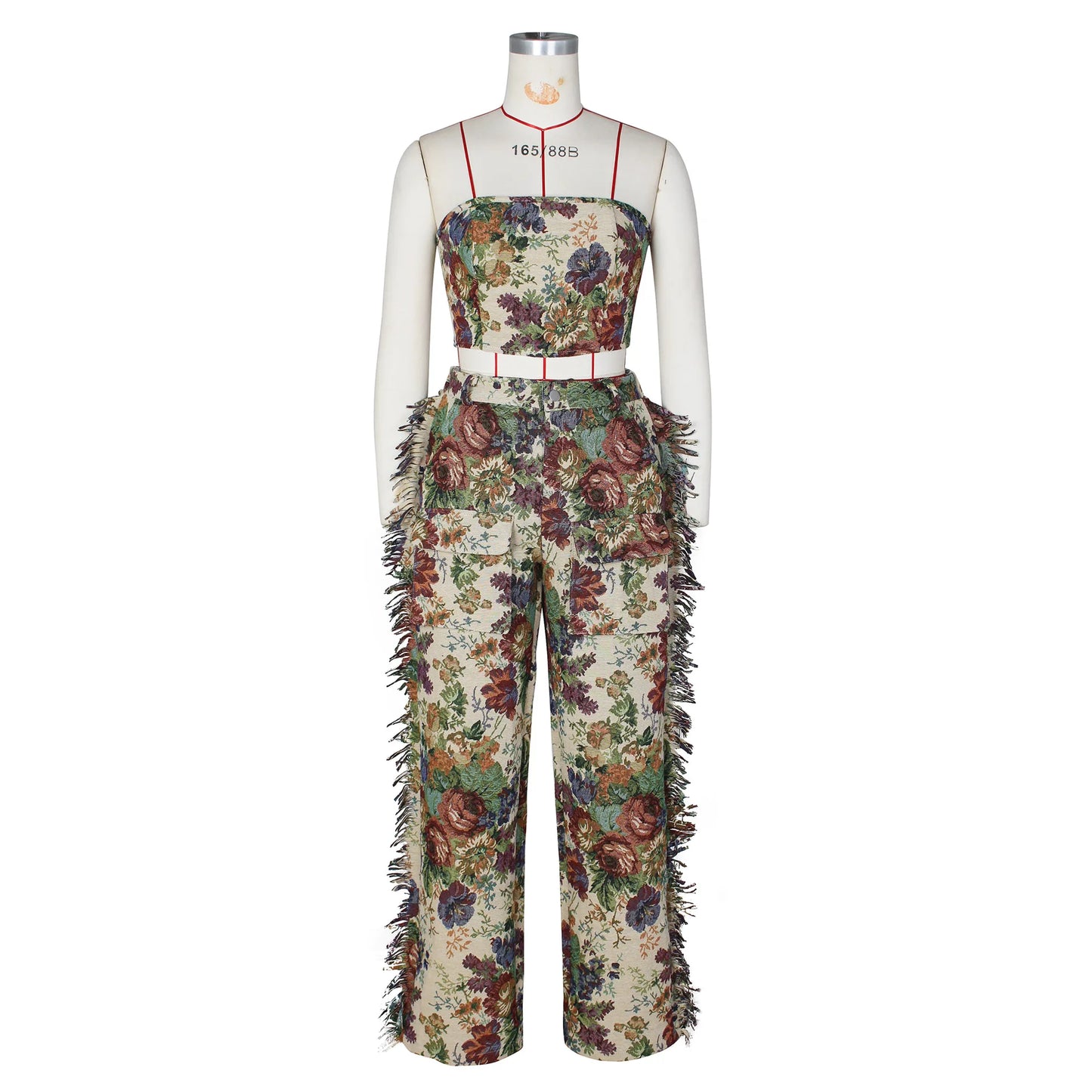 Floral Print Strapless Knitted Two Piece Cargo Pants Set for Women