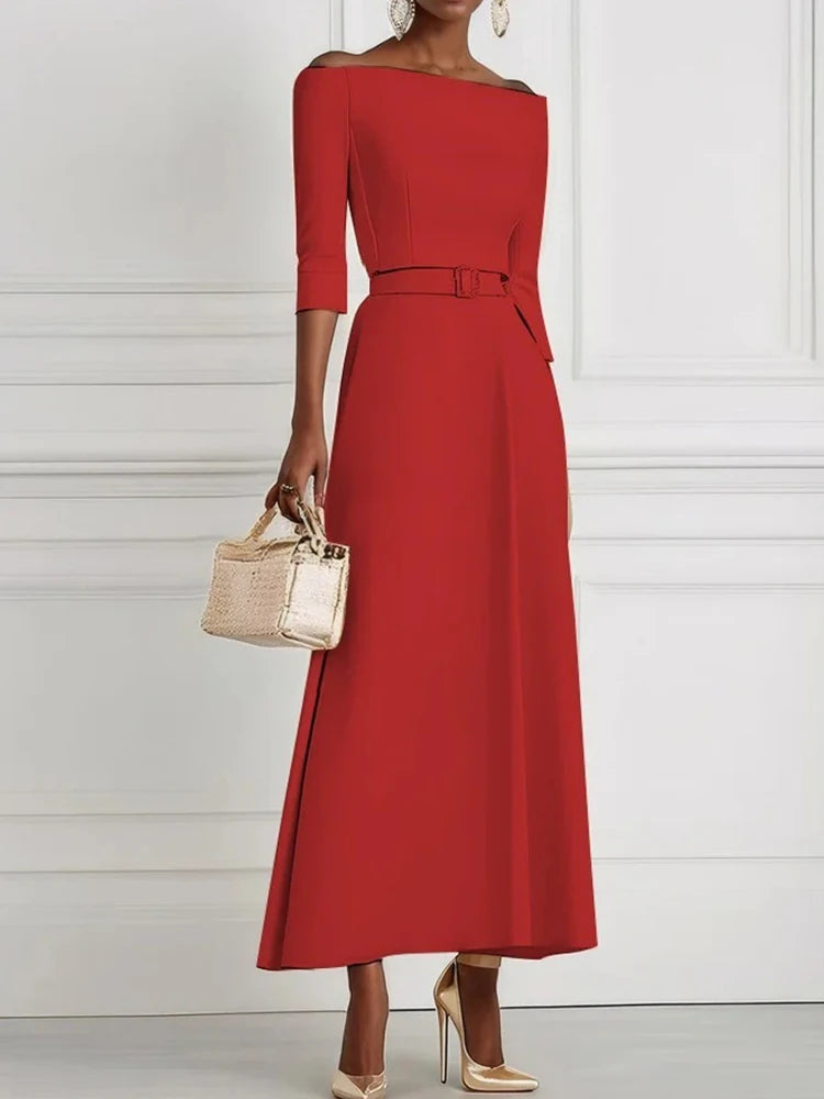 Women Sexy Off Shoulder Half Sleeve Party Dress Elegant Temperament Waist Solid Long Dress Fashion Draped Belt Tie-Up Maxi Dress