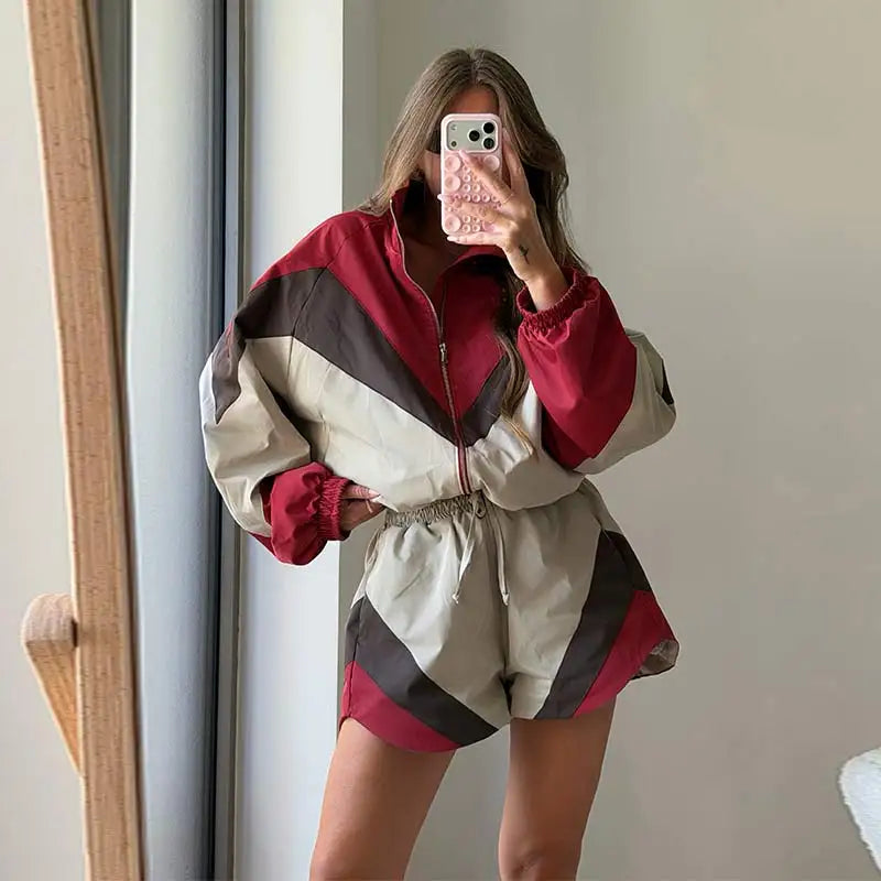 Contrast Color Zip Jacket and Shorts Two Piece Set for Women