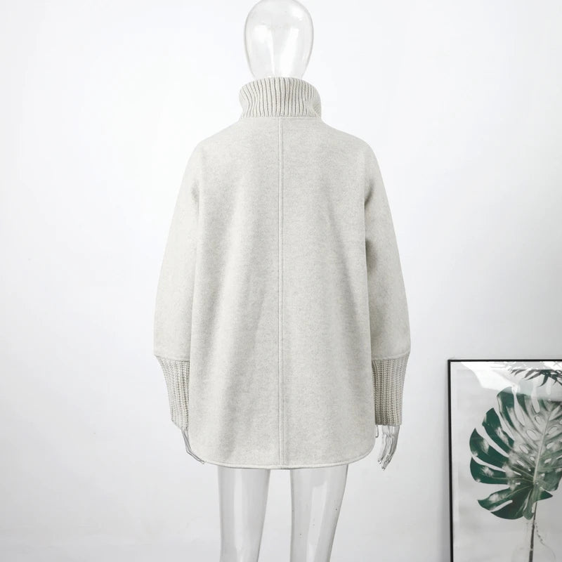 Loose Knit Fur Standup Collar Long Sleeve Pocket Cardigan for Women