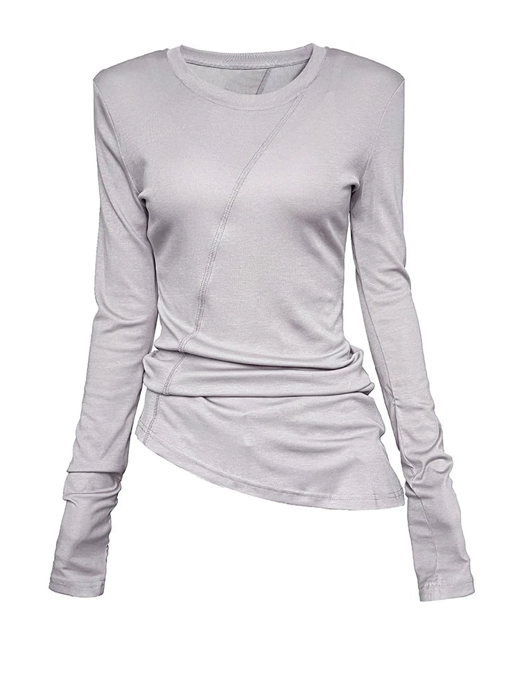 [EAM] Women Gray Thin Perspective Slim Irregular T-shirt New Round Neck Long Sleeve Fashion Tide Spring Autumn 2025 1DH9981