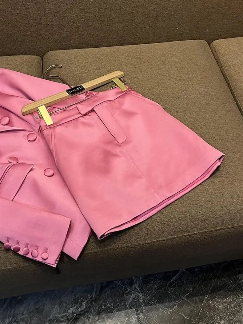 Elegant Pink Long Sleeve Blazer And Short Skirt Set For Women
