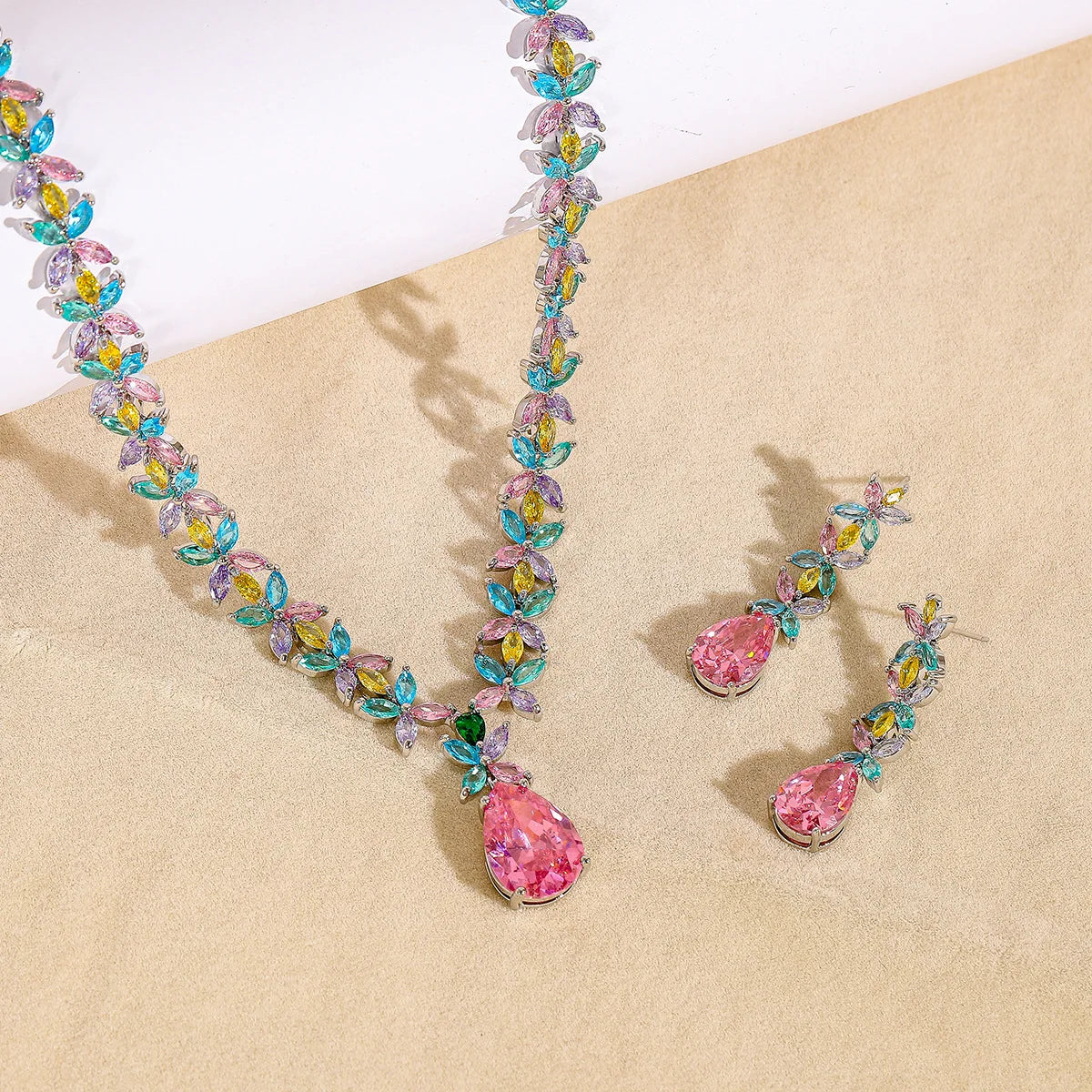 Colored Zircon Necklace and Drop Earrings Set for Women