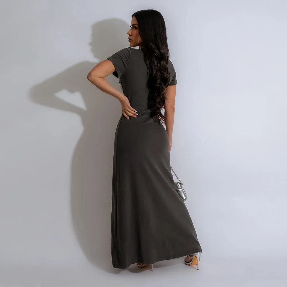 Casual Bow Print Short Sleeve Maxi Dress for Women