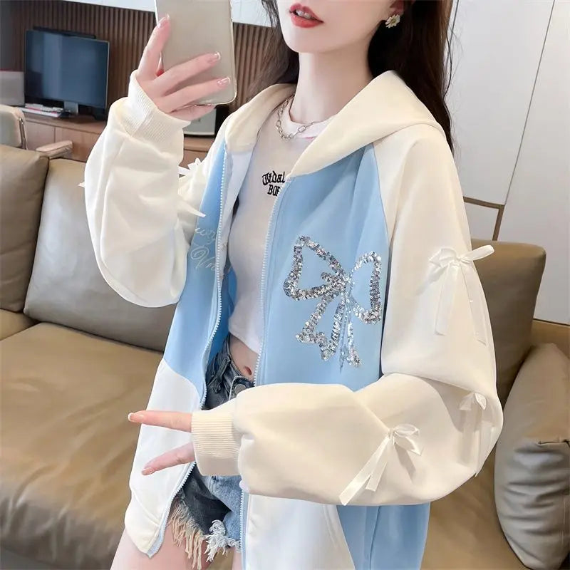 Woman Hooded Tops Bow Y2k Style Kpop Youthful Clothes Sweat-shirt Essential Matching Full Zip Up Hoodies Sweatshirt for Women