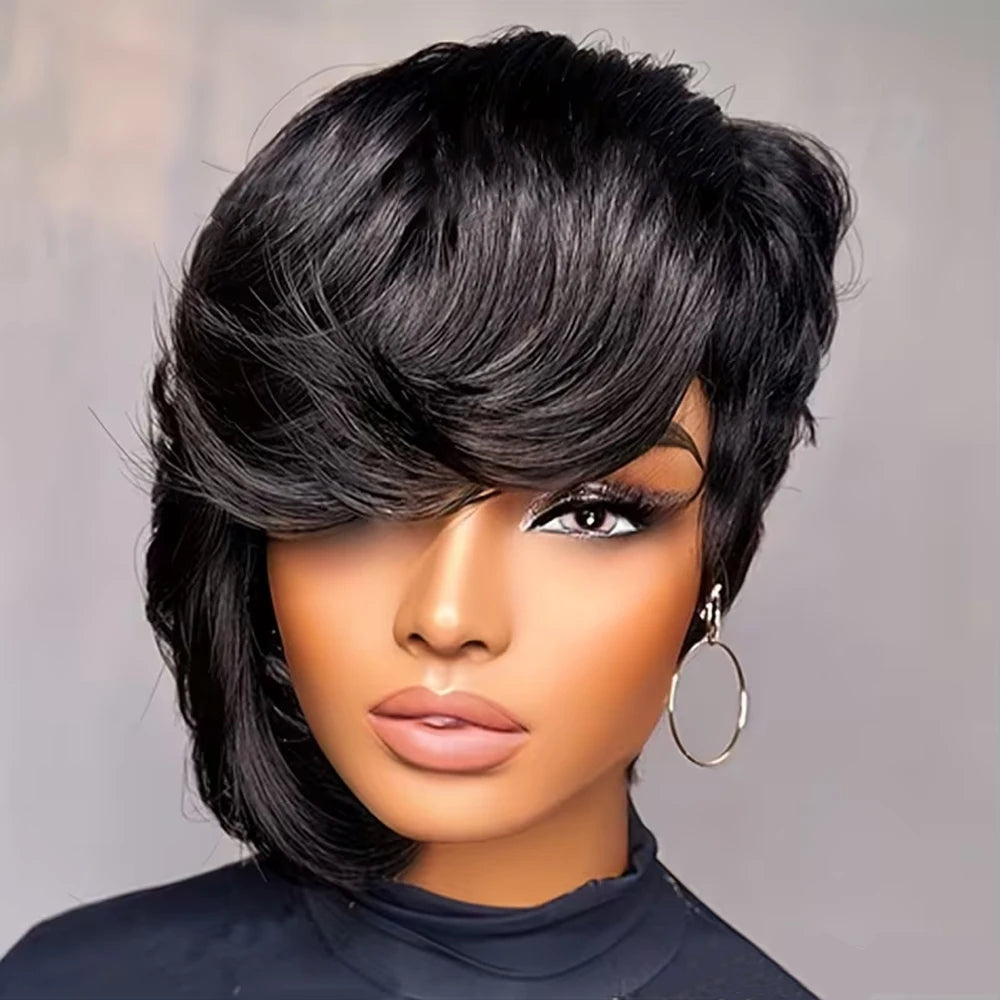 Short Pixie Cut Human Hair Wig With Side Bangs for Women