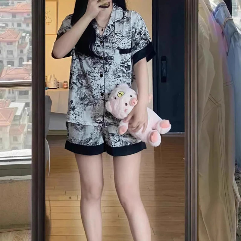 Chinese Elegant Ink and Wash Painting Women's Pajamas Ancient Style Classical Flavor Sleepwear 2024 New Summer Fashion Nightgown