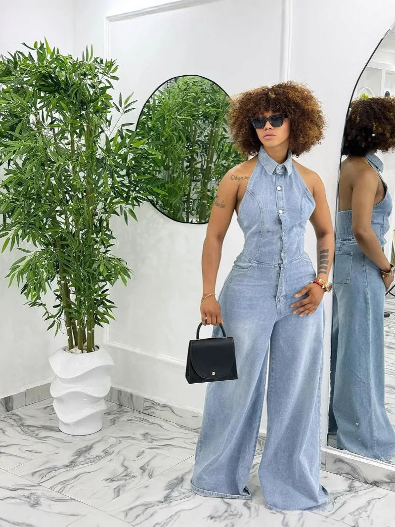 Washed Denim Halter Neck Backless Jumpsuit for Women