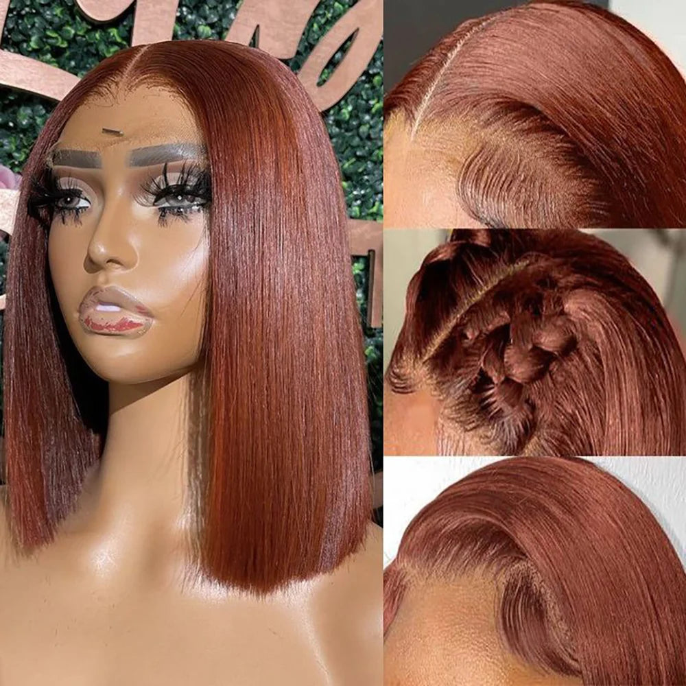 Reddish Brown Bob Wig Human Hair Short Straight Brown Bob Lace Front Wigs Human Hair 13X4 Transparent Lace Wigs Colored