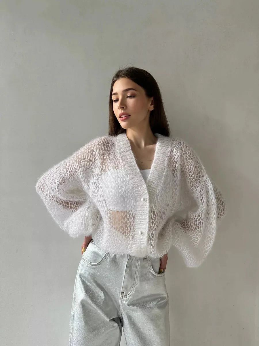 Loose Fit Open Knit V Neck Cardigan Sweater for Women