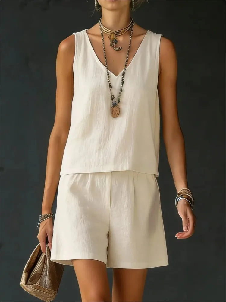 Cotton Linen Summer Casual Vest and Shorts Set for Women