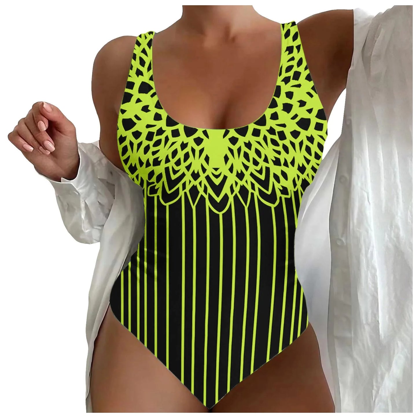 Plus Size U Neck Striped Print Figure Shaping Swimsuit for Women