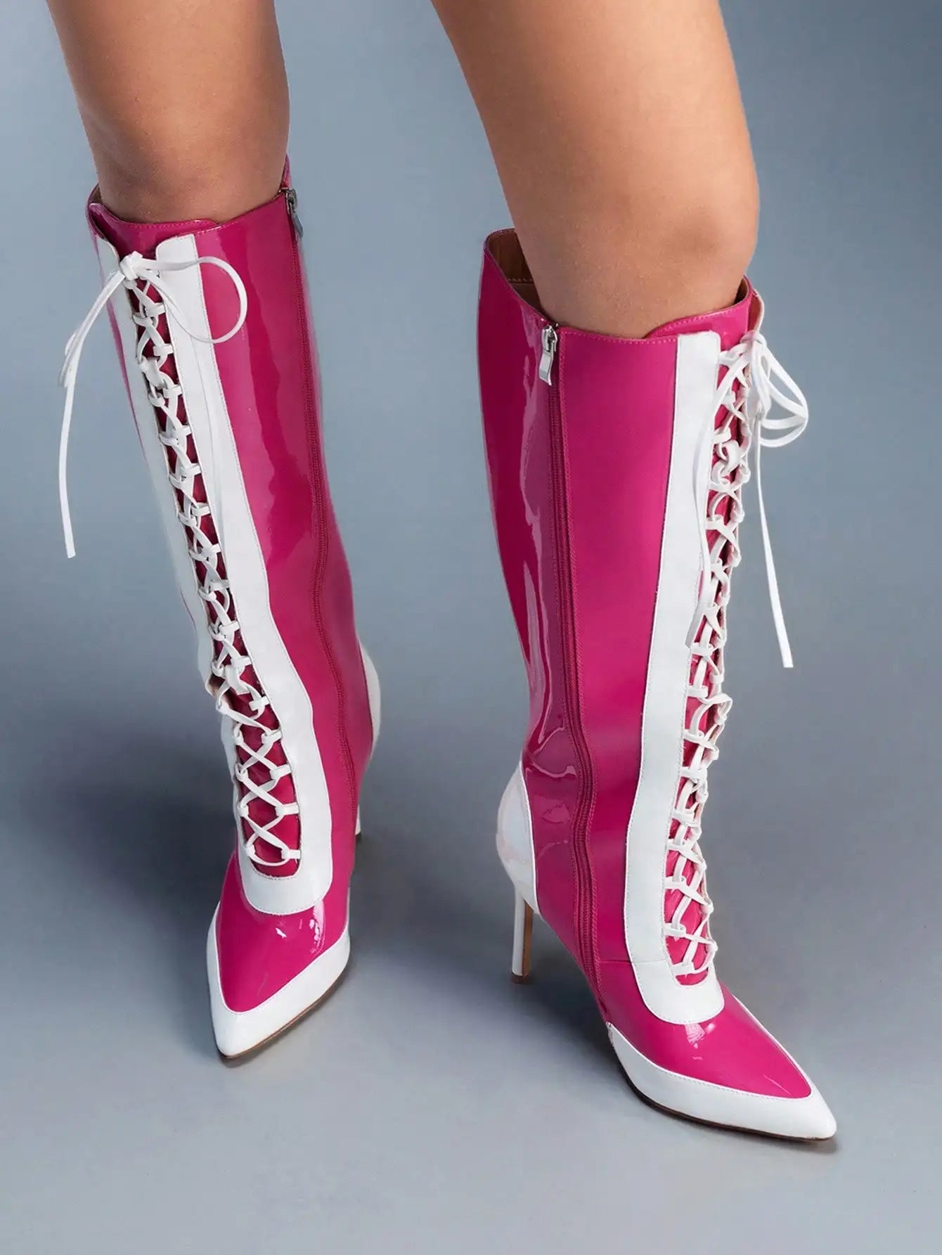 Cross Tied Buckled Knee High Boots with Lace Up for Women