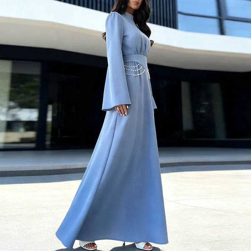 Women Fashion Hight Waist Solid Evening Dress Casual Long Sleeve Slim Party Dresses New Stand Collar Beading Chain Banquet Dress
