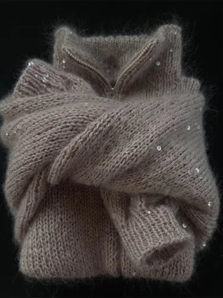 Sequins Knit Women 's Sweater Elegant Stand Collar Y2k Full Sleeve Sweaters Lady 2025 New Autumn Winter Woman Jacket Knitwear