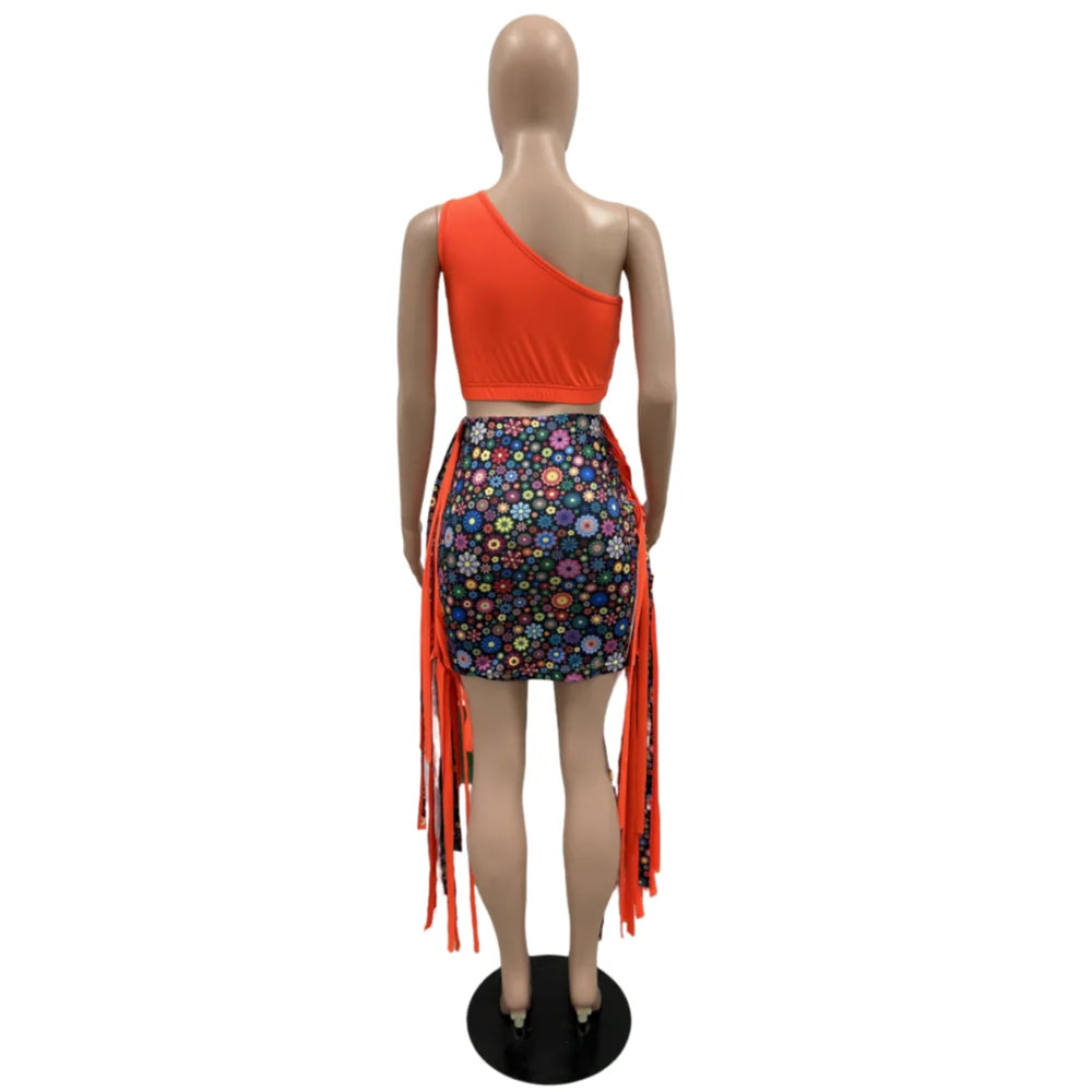 FAGADOER Summer Print Tassels Mini Skirts Two Piece Sets Women One Shoulder Sleeveless Crop Top+Skirts Outfits Fashion Clothing