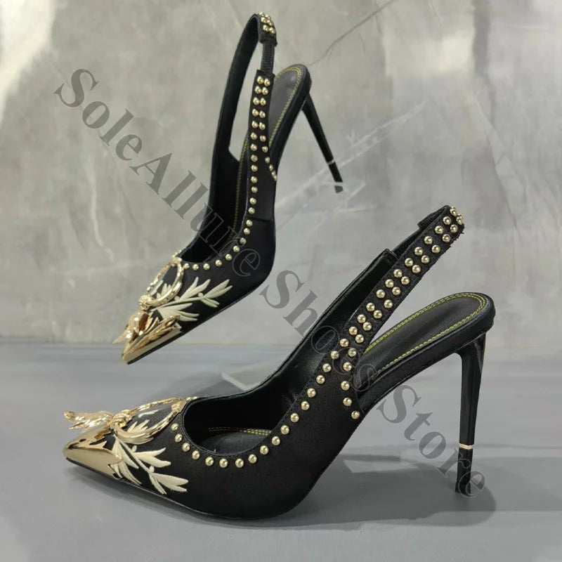 Ornate Gold Studded Emerald Jacquard Slingback Heels For Women