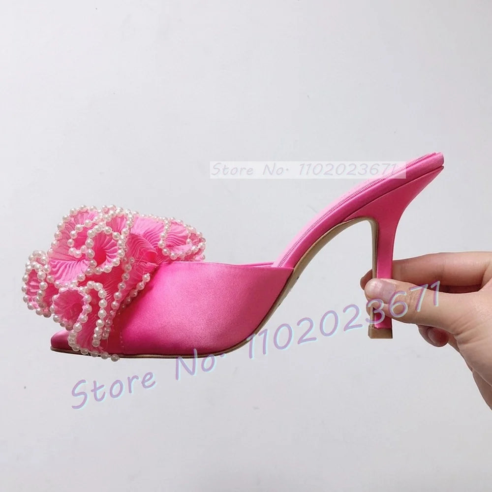 Satin Floral Open Toe Mules With Pearl Trim For Women