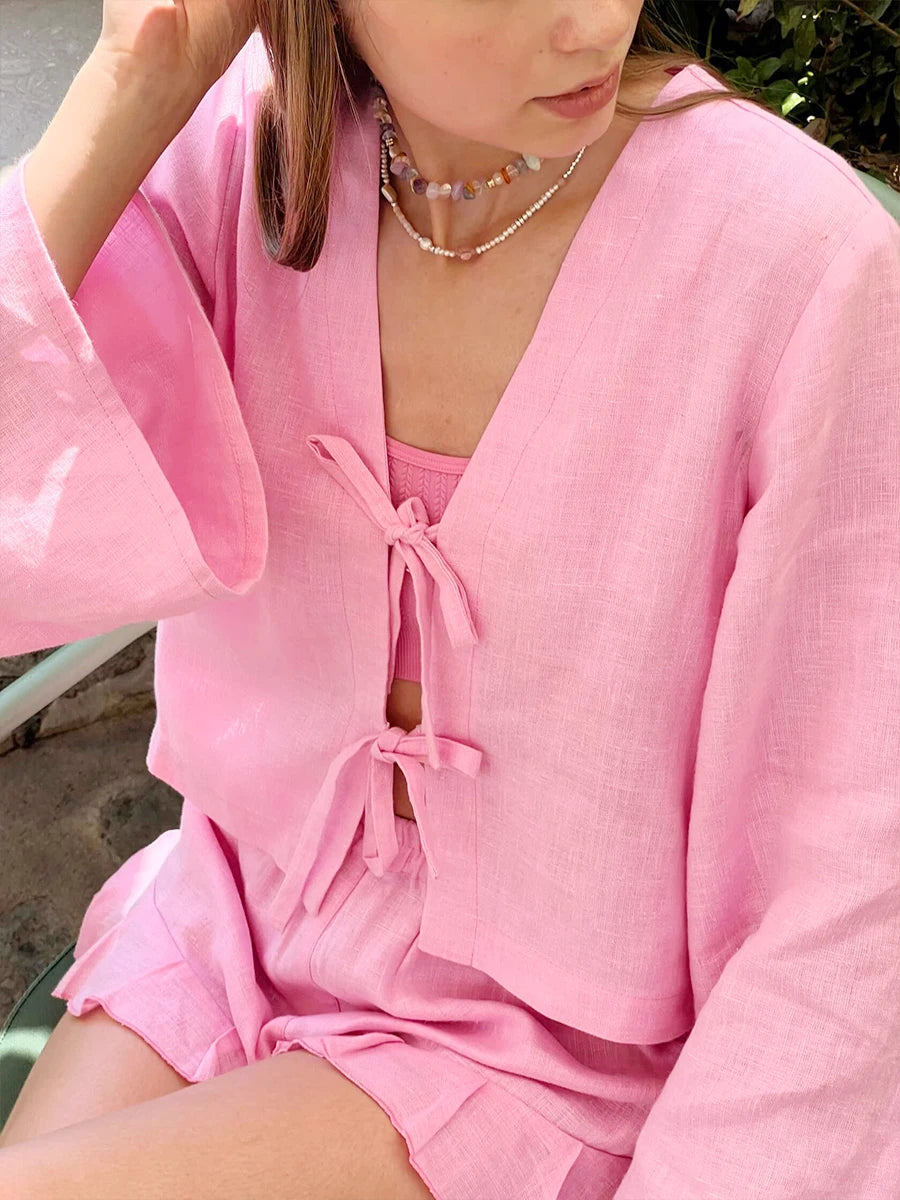 Cotton V Neck Long Sleeve Loose Casual Two Piece Shorts Set For Women