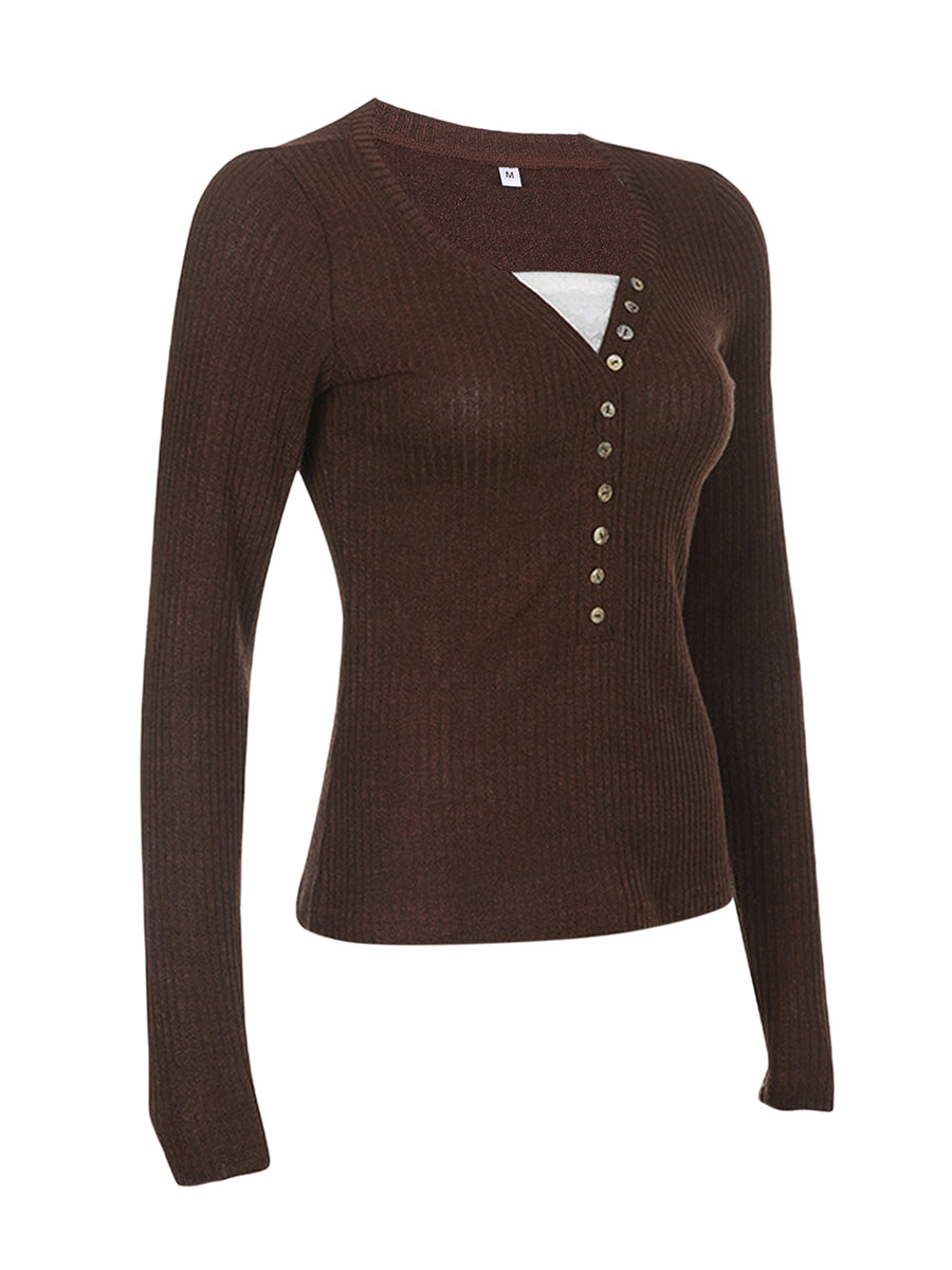 Button Front Lace Patchwork Slim Fit Knit Top for Women