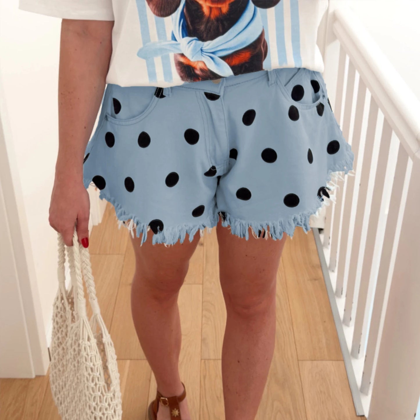 Frill Fringe Design Polka Dot Print Shorts for Women