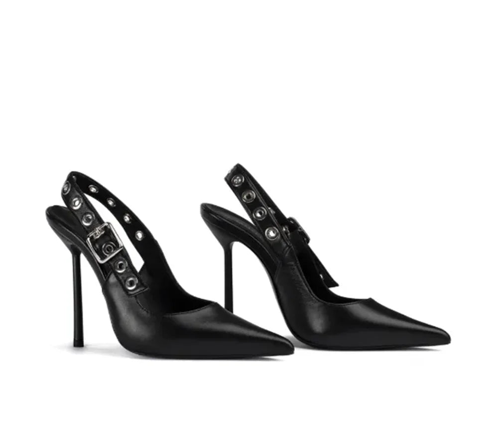 Leather Pointed Toe Slingback Stiletto Sandals With Rivet Strap For Women