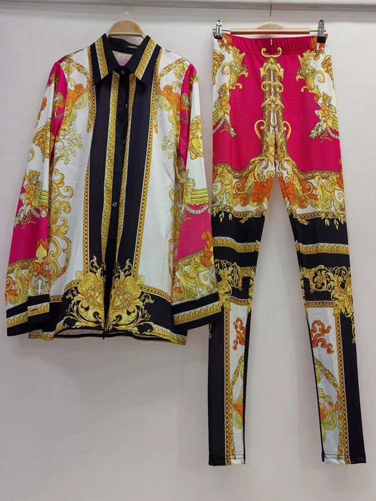 Retro Print Lapel Shirt Two Piece Suit