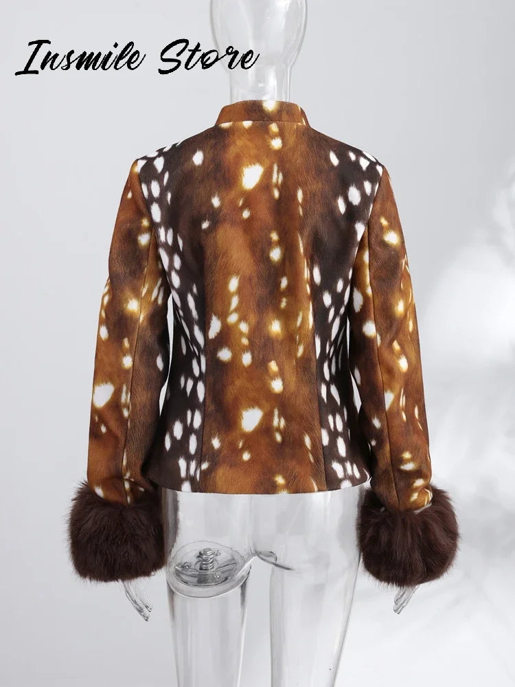 Fitted Vintage Leopard Patchwork Faux Fur Coat for Women