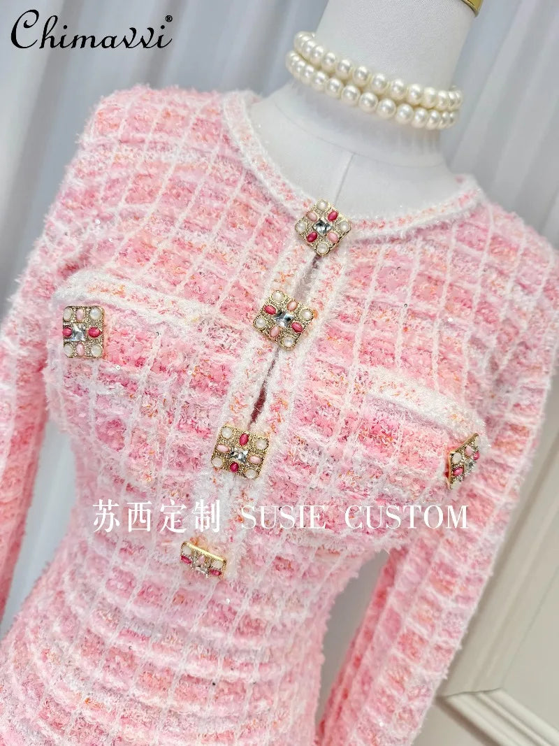 High-end French Heavy Color Diamond Button Plaid Knitted Round Neck Long Sleeve Dress Fashion Round Neck Elegant Sweater Dress