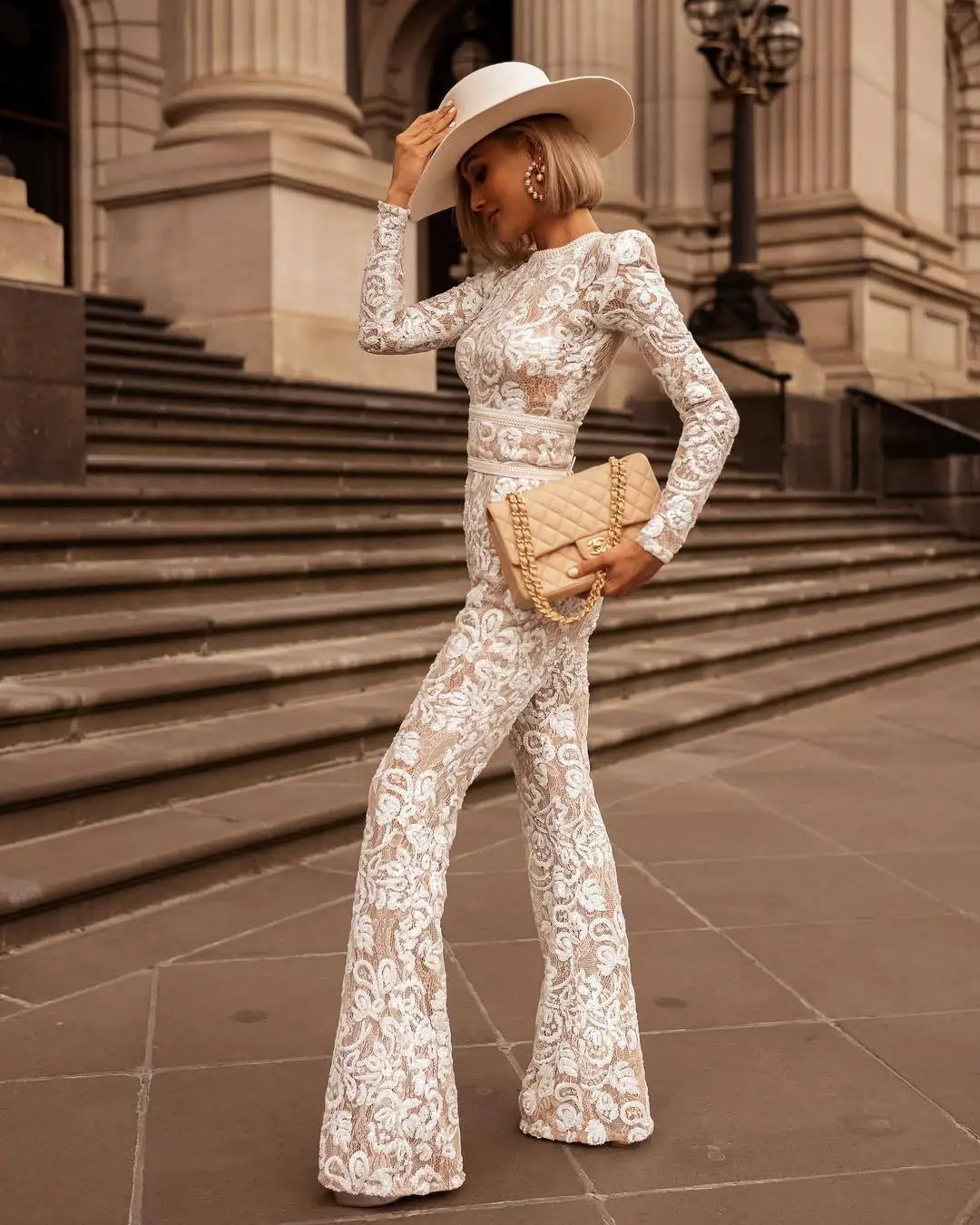 Solid Color Lace Hollow Out Jumpsuit Slim Fit for Women