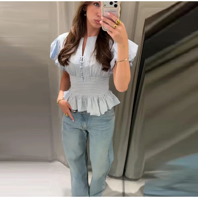 Elegant Puff Sleeve Cinched Waist Solid Color Blouse for Women
