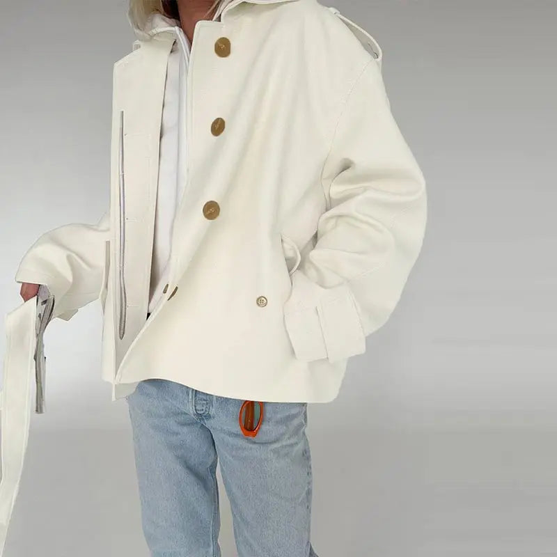 Elegant Belted Vintage Style With Stand Collar Coat for Women