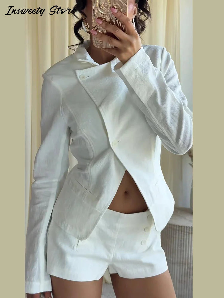Casual Stand Collar Jacket and Shorts Set for Women