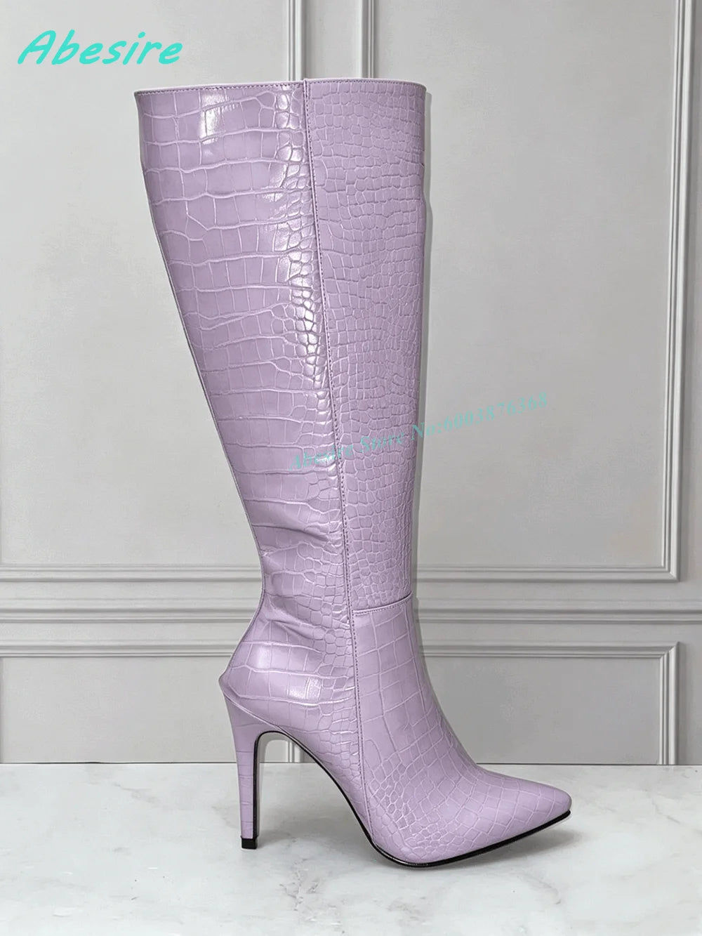 Burgundy Crocodile Pattern Knee High Boots Pointed Toe Stiletto Heel Side-Zipper Women's Boots Retro Sexy Daily Party Shoes