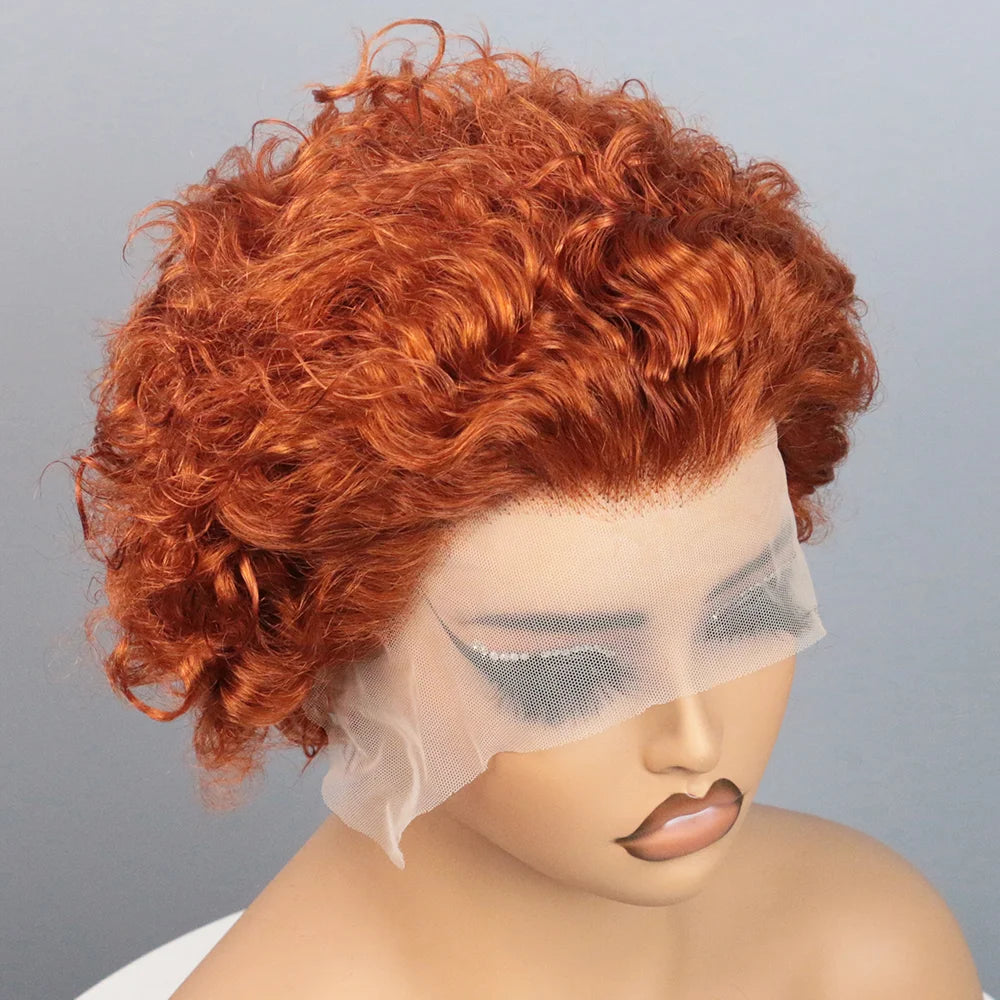 Ginger Pixie Cut Wigs Human Hair Short Curly Lace Front Human Hair Wigs Colored Water Wave Bob Wig 13x1 Transparent Lace Wigs