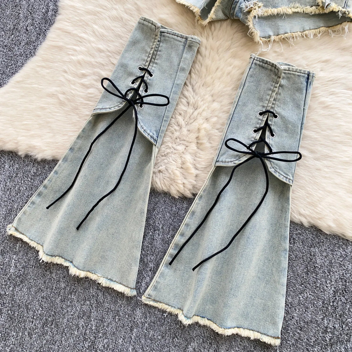 Edgy Summer Denim Three Piece Set With Shorts for Women
