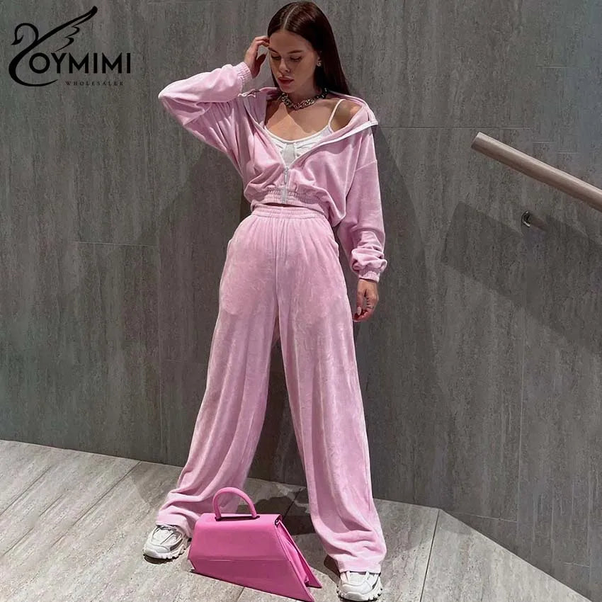 Oymimi Casual New Pinlk Knitting Sets Womens 2 Piece Elegant Long Sleeve Zipper Blouses And Simple Straight Trousers Female Sets
