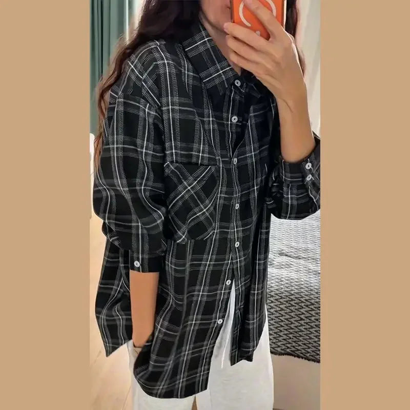 Plaid Loose Long Sleeve Button-Front Shirt for Women
