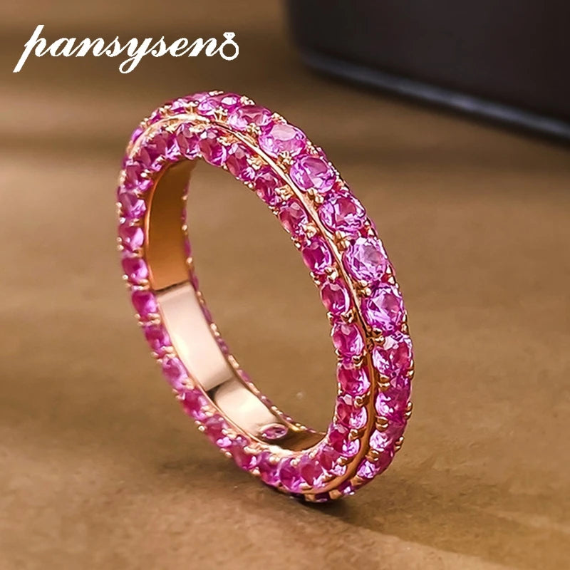 PANSYSEN Luxury 925 Sterling Silver Pink Sapphire High Carbon Diamond Ring for Women 18k White Gold Plated Wedding Party Jewelry
